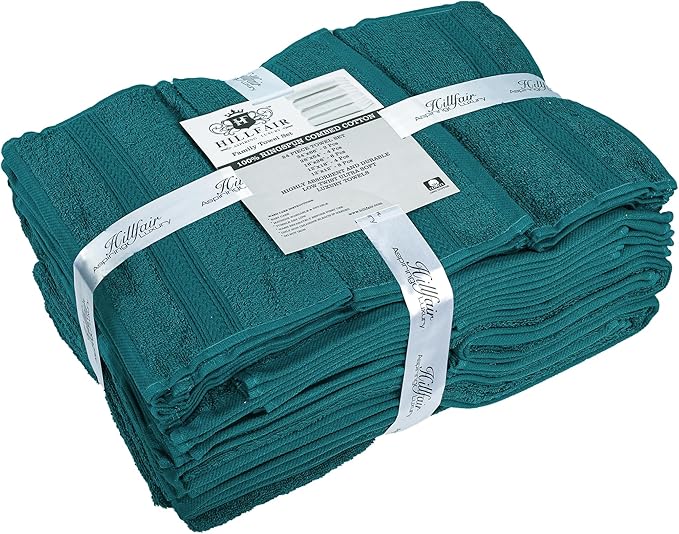 HILLFAIR 100% Cotton Towels Set for Bathroom, Quick Drying, High Absorbent 24Pc Towel Set, 2 Bath Sheets, 4 Bath Towels, 6 Hand Towels, 4 Fingertip Towels, 8 Washclothes: Teal (600GSM-24PC-TEAL)