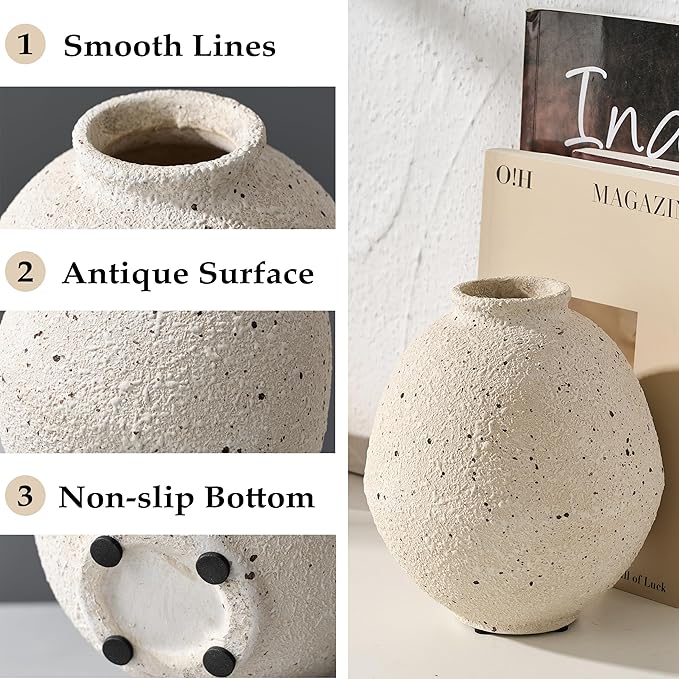 Ceramic Flower Vase, 6.22 Inch Rustic Farmhouse Vase Home Decor, Handcrafted Vintage Pottery Vase, Small Terracotta Vases for Living Room, Table, Shelf, Fireplace, Off-White