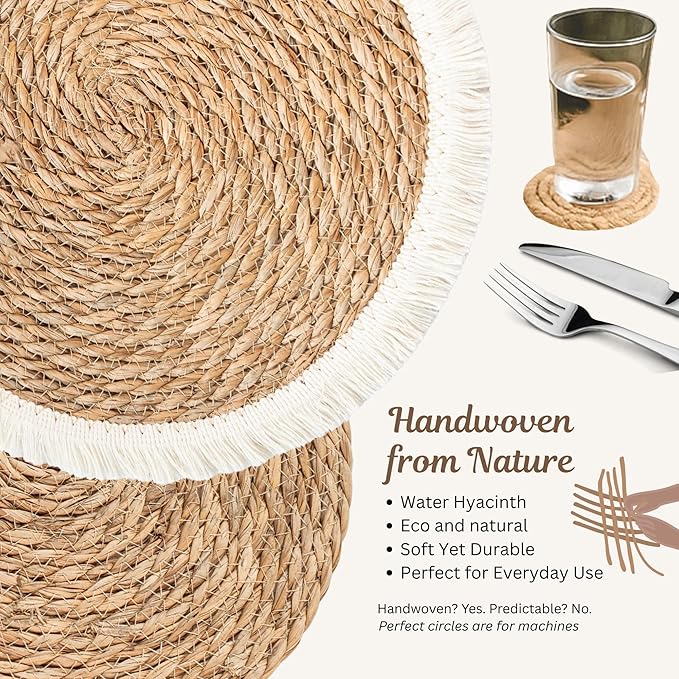 13" Round Woven Jute Placemats Set of 12 with Coasters, Mixed Fringe and Classic Braided Seagrass Boho Farmhouse Table Mats for Dining Table Decor