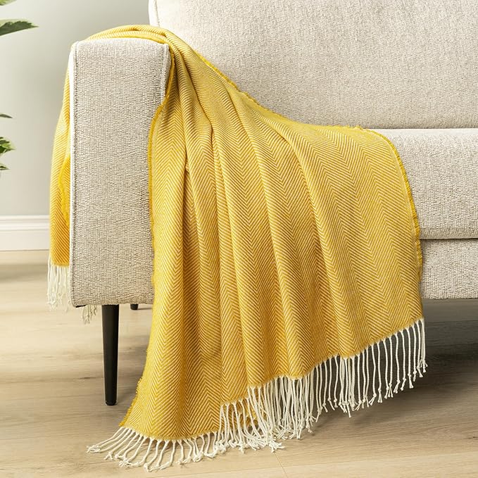 PAVILIA Yellow Herringbone Throw for Couch, Decorative Outdoor Accent Blanket, Faux Cashmere, Lightweight, 50x60