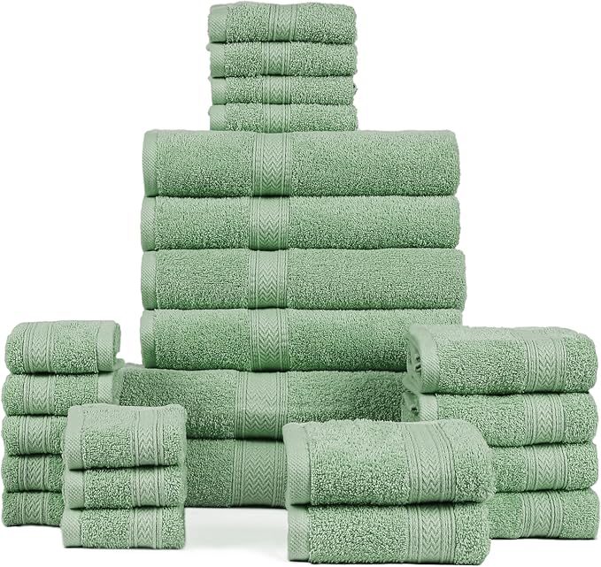 HILLFAIR - 100% Cotton 24 Piece Bath Towels Set for Bathroom- 24 PC Bulk Pack - Quick Dry Absorbent Hotel Spa Towel Set- 2 XXL Oversized Sheets, 4 Bath, 6 Hand, 4 Fingertip Towels, 8 Washcloths: Sage