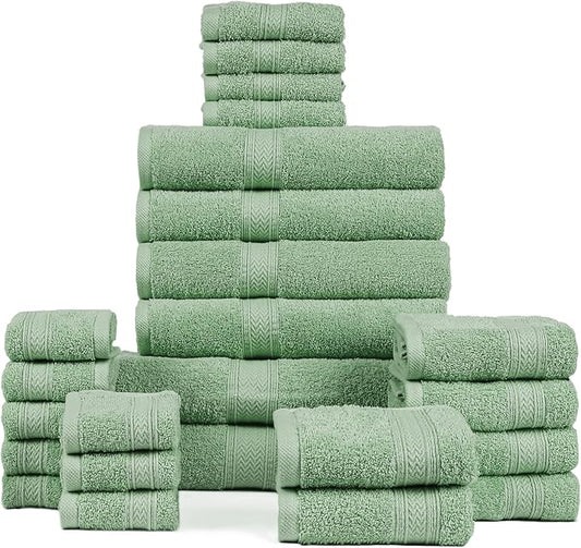 HILLFAIR - 100% Cotton 24 Piece Bath Towels Set for Bathroom- 24 PC Bulk Pack - Quick Dry Absorbent Hotel Spa Towel Set- 2 XXL Oversized Sheets, 4 Bath, 6 Hand, 4 Fingertip Towels, 8 Washcloths: Sage