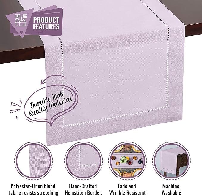 Lavender Table Runner – Elegant Hemstitch Purple Runner for Dining, Weddings, and Home Decor – Light Purple, Lilac, Pastel Runners for Tables (14 x 108 Inches Long)
