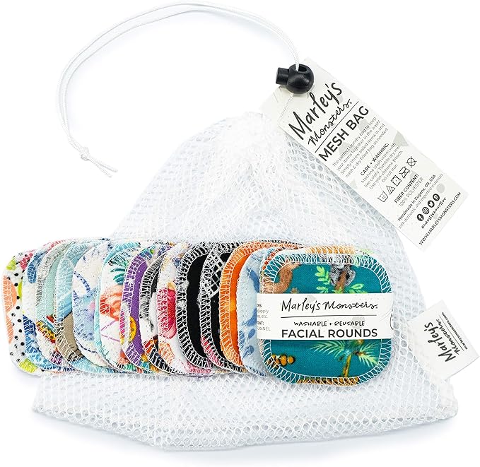 Marley's Monsters Facial Rounds 20 Count Pack + Laundry Bag - Soft and Reusable Cotton Rounds (Surprise Prints)