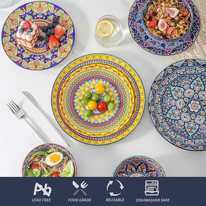HASENSE 18 Pieces Kitchen Dinnerware Sets Service for 6, Bohemian Style Plates and Bowls Set, Ceramic Vintage Tableware Dishes Set, Scratch Resistant Microwave and Dishwasher Safe, Assorted Color