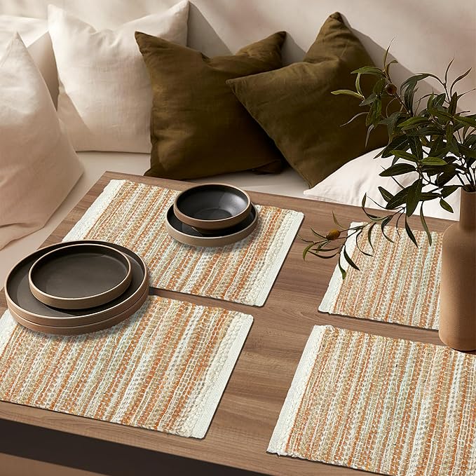 Hausattire Woven Table Placemats Set of 4 - Rust, Jute Boho Outdoor Table Mats for Kitchen Dining Decoration | Easy Clean Heat Resistant Farmhouse Dinner Placemat for Thanksgiving Decor - 13x19 Inch