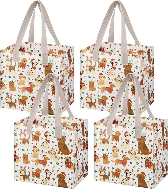 VENO 4 Pack Christmas Reusable Grocery Bags, Heavy-Duty Shopping Bags with Handles, for Shopping Cart with Hard Bottom to Stand Upright, Foldable (Holiday Pups, 4 Pack)