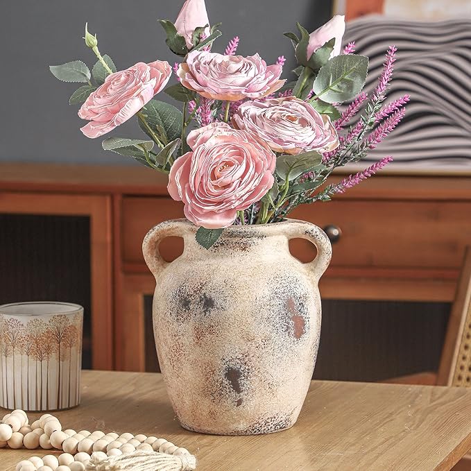 Enra Rustic Farmhouse Vase with Handle,7.8 Inch Pottery Decorative Flower Vase for Home Decor,Large Vintage Terracotta Vase for Table, Living Room, Bathroom Decoration, Shelf Decor, Mantel