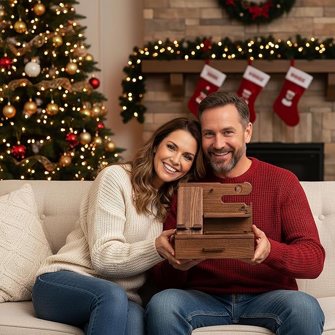 TESLYAR Wood Phone Docking Station with Drawer - Nightstand Organizer - Desk Organizer for Husband - Birthday Gifts for Men, Dad, Anniversary Idea, Key Holder Stand Watch & Accessories (Earth Beige)