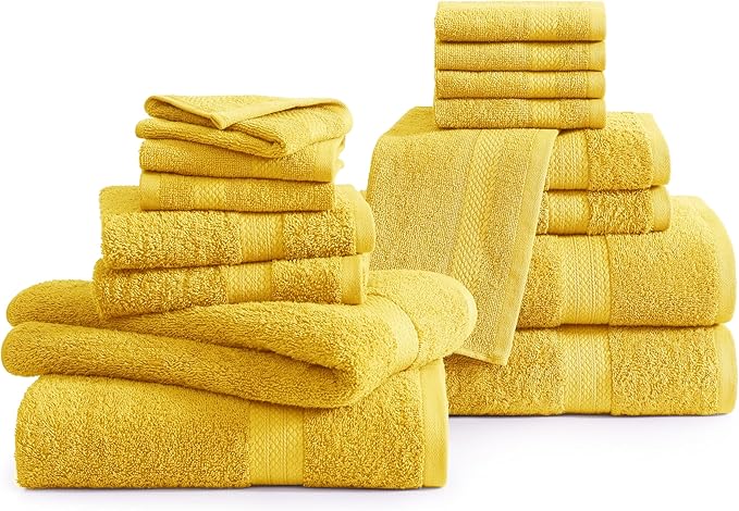 LANE LINEN 100% Mercerized Cotton Bathroom Towel Set - 16 Pieces - Fluffy, Super Soft & Highly Absorbent - 4 Bath Towels, 8 Washcloths, 4 Hand Towels - Ring Spun, Double Sided Cotton Terry - Mimosa