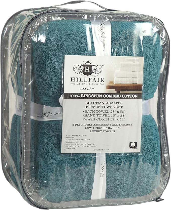 Hillfair 12-Piece 600 GSM Cotton Bath Towel Set - Hotel Spa Towels: 2 Bath, 4 Hand, 6 Washcloths - Absorbent, Super Soft - Teal