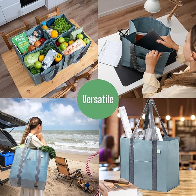 VENO 4 Pack Reusable Grocery Bags, Heavy-Duty Shopping Bags with Handles, Bags for Shopping Cart with Hard Bottom to Stand Upright, Foldable, Multi-Purpose(Light Blue, 4 Pack)