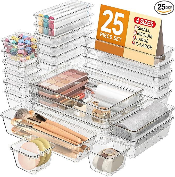 25 PCS Plastic Drawer Organizers Set, 4 Sizes Vanity Organizer, Makeup and Desk Drawer Organizer Trays, Organization and Storage for Makeup, Bathroom, Kitchen Utensils and Office (Clear)