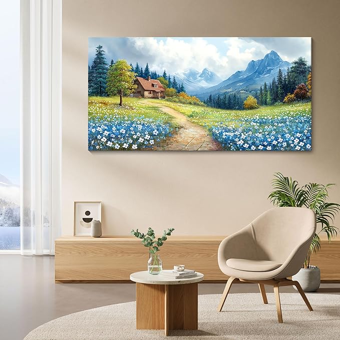 CHATYOUNG Large Mountains Wall Art,Rustic Blue Forest Wild Flowers Path Landscape Wall Paintings for Living Room Bedroom kitchen Home Decor Gifts for Women 29"X58"