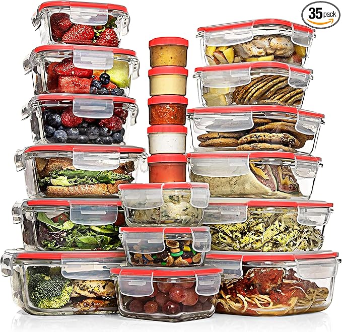 Razab 35 Pc Set Glass Food Storage Containers with Lids - Meal Prep Airtight Bento Boxes BPA-Free 100% Leak Proof (15 lids,15 glass & 5 Plastic Sauce/Dip Containers)