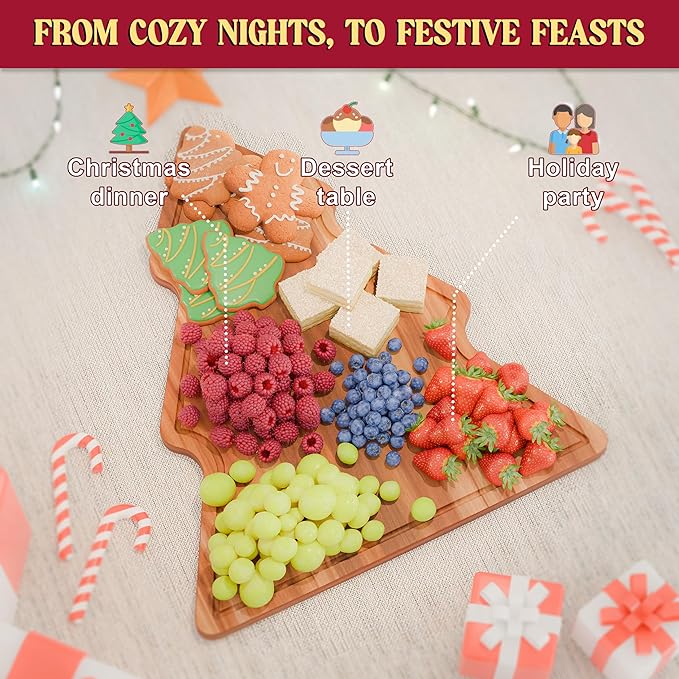 New – 17-Inch Long Large Christmas Tree Charcuterie Board – Acacia Wood Christmas Cutting Board (17x12.5in) Holiday Serving Tray, Winter Cheese Board, Wooden Christmas Platter & Kitchen Decor Gift