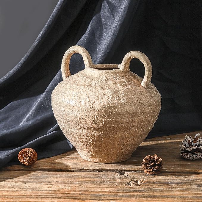 Ceramic Flower Vase, Large Farmhouse Vases Home Decor, Handmade Rustic Vase with Handles, Decorative Flower Vase for Home Entryway Living Room Dining Table Farmhouse Office Decor(8.6inch)