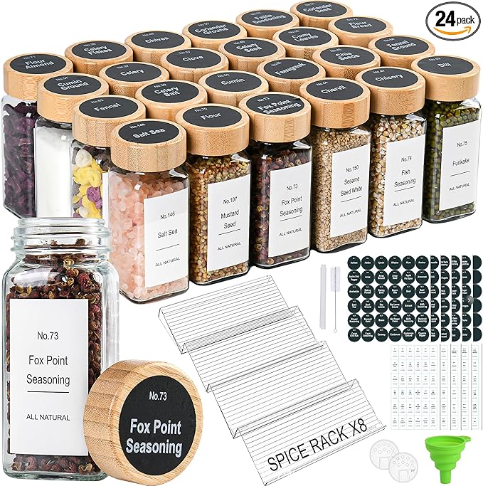 24 Pcs Glass Spice Jars Bamboo Lids with Spice Drawer Organizer Set, 4 Tier-8 Pack Acrylic Expandable Spice Rack , 396 Spice Labels, Seasoning Containers Organization for Kitchen Cabinet Countertop