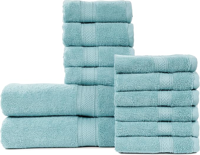 HILLFAIR 12-Piece Cotton Bath Towel Set - 600 GSM - Hotel Spa Towels - 2 Bath, 4 Hand, 6 Washcloths - Absorbent Soft Cotton - Ocean Blue