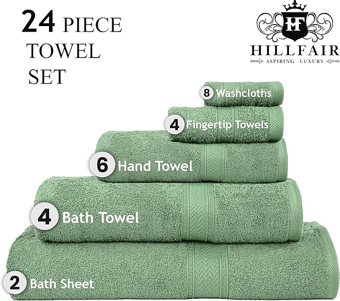 HILLFAIR - 100% Cotton 24 Piece Bath Towels Set for Bathroom- 24 PC Bulk Pack - Quick Dry Absorbent Hotel Spa Towel Set- 2 XXL Oversized Sheets, 4 Bath, 6 Hand, 4 Fingertip Towels, 8 Washcloths: Sage