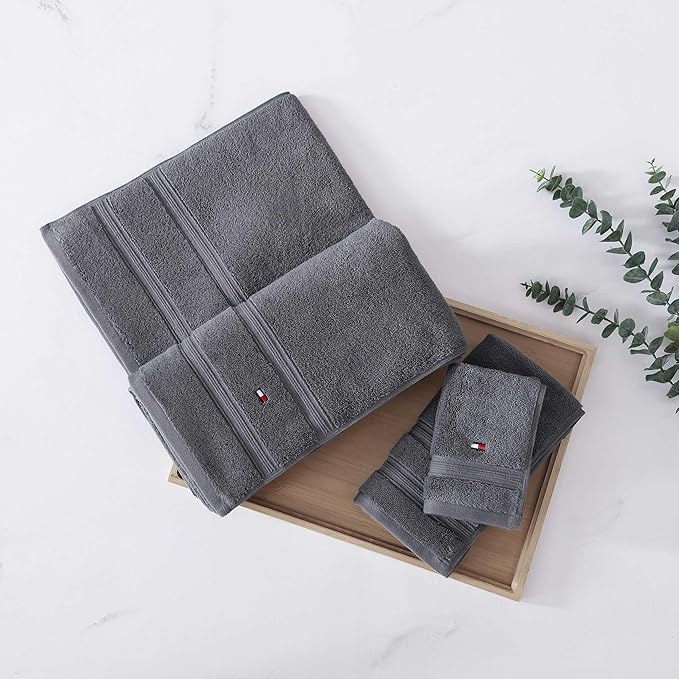 Tommy Hilfiger - Bath Towels, Ultra-Soft & Quick Drying with Zero Twist, 600 GSM Bathroom Towels with Iconic Flag Accent (Harborside Solid Charcoal Grey, 6 Piece)