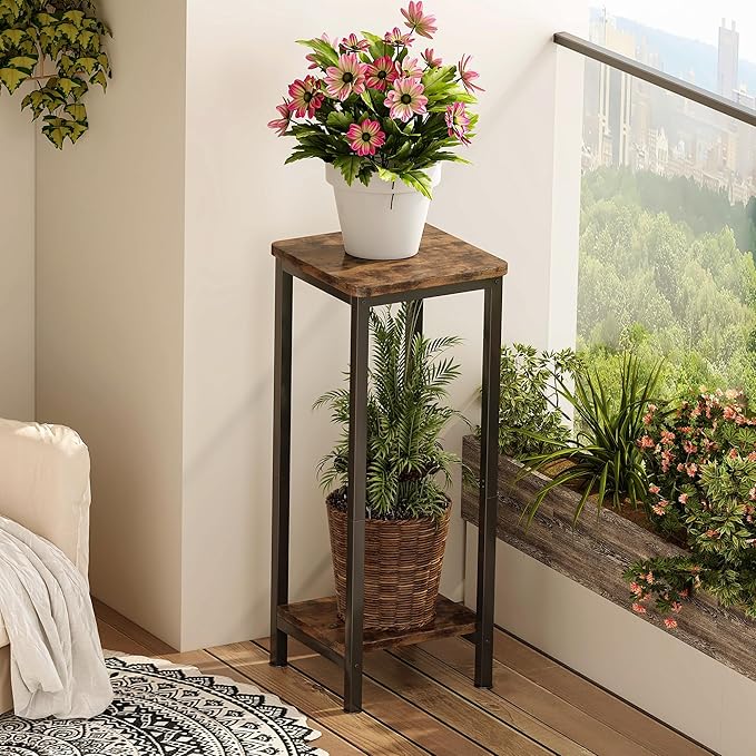 Homeiju 2-Pack Plant Stand Indoor, 2 Tier Wood Corner Plant Stand, Modern Square Plant Shelf Flower Stand for Living Room Patio Balcony Garden, Rustic Brown