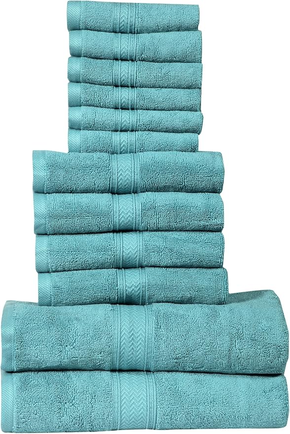 Hillfair 12-Piece Super Soft Cotton Bath Towels - 600 GSM - Hotel Spa Set: 2 Bath, 4 Hand, 6 Washcloths - Absorbent - Aqua
