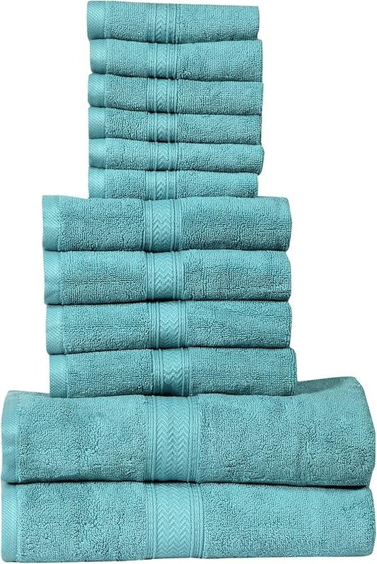 Hillfair 12-Piece Super Soft Cotton Bath Towels - 600 GSM - Hotel Spa Set: 2 Bath, 4 Hand, 6 Washcloths - Absorbent - Aqua
