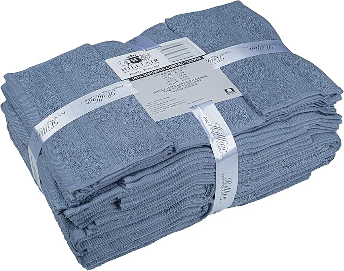 HILLFAIR 24 Piece Bath Towels Set for Bathroom- 100% Cotton 24 PC Bulk Pack Hotel Spa Towel Set- 2 XXL Oversized Big Towels, 4 Bath Towels, 6 Hand Towels, 4 Fingertip Towels, 8 Washcloths: Blue