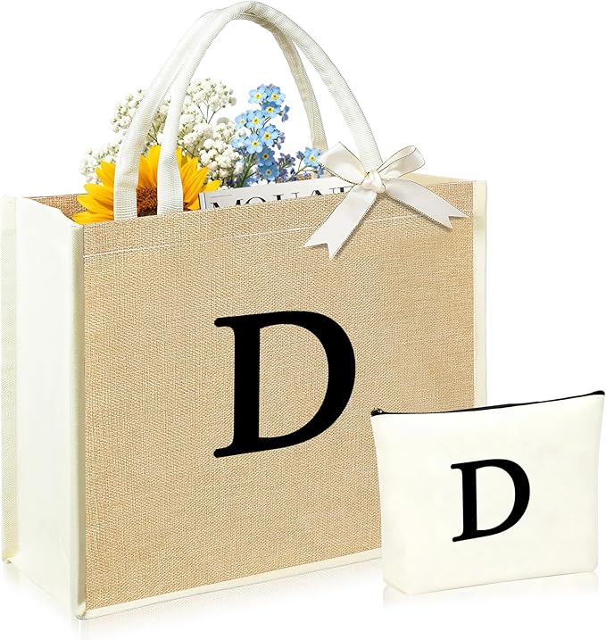 Initial Canvas Tote Bag & Makeup Bag for Women Teacher Bridesmaids，Personalized Present for Wedding, Birthday, Beach