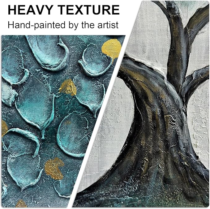 Teal Blue Tree of Life Canvas Wall Art for Living Room, Hand Painted Modern Abstract Textured Painting, Large Framed Panoramic Landscape wall art for Living Room, Bedroom, Office, Home Decor 48"x24"