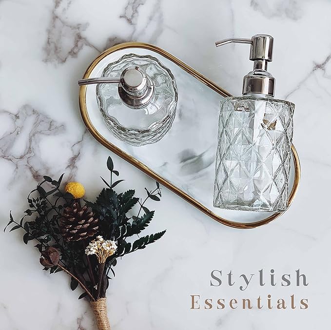 JASAI 2Pack Diamond Embossed Glass Soap Dispenser with 304 Rustproof Stainless Steel Pump, 12 OZ Bathroom soap Dispenser with A Wooden Tag, Elegant Hand Soap Dispenser for Bathroom & Kitchen