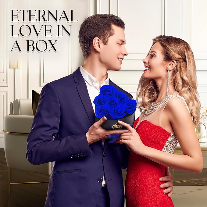 GLAMOUR BOUTIQUE 7 Flower Forever Heart Shape Box - Preserved Roses Gift for Her, Preserved Flowers, Blue