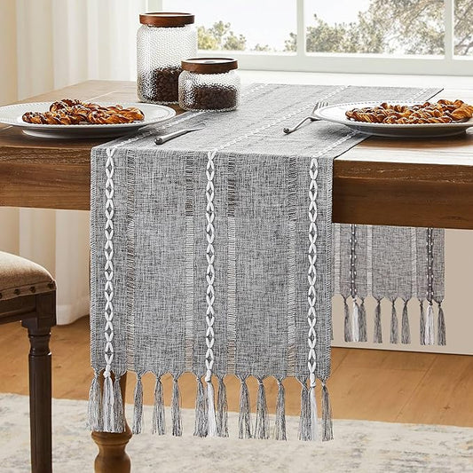 Hemstitched Farmhouse Table Runner, Charcoal 13x72 Inch, Cotton Linen Table Runners 72 Inches Long, Embroidered Striped Grey Boho Table Runner Rustic Home Decor