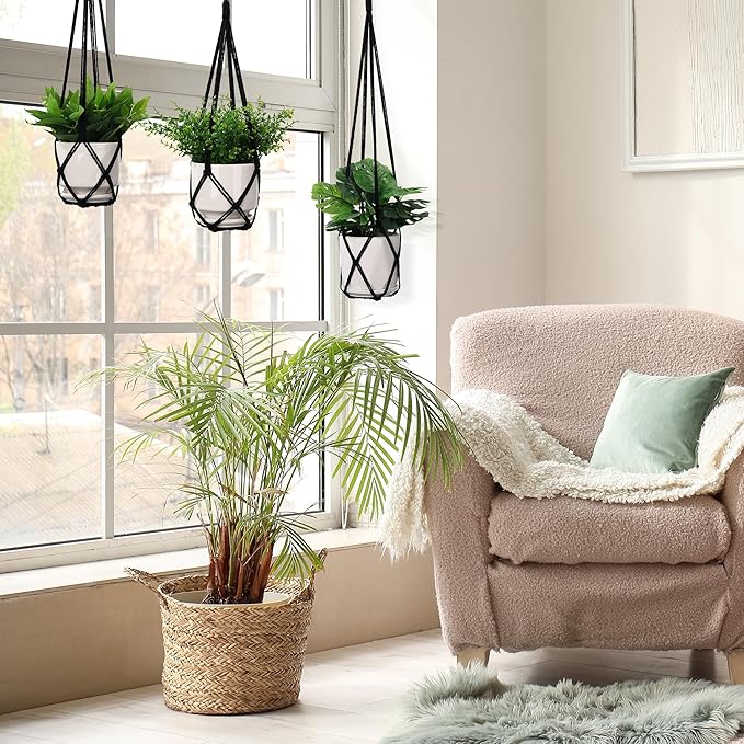 YIBOT Macrame Plant Hanger Indoor Set of 2 with 2 S Hooks, Indoor Outdoor Hanging Planter for Plants Holder with Decorative No Tassels, Boho Home Decor, 35 Inch, Black (Pots Not Included)