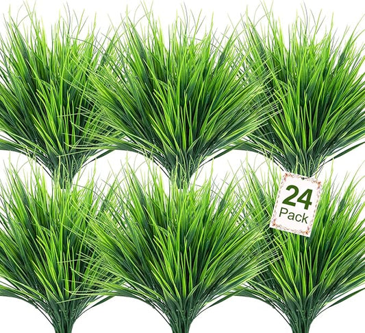 Ouddy Decor 24 Bundles Artificial Plants Outdoors Fake Wheat Grass Faux Greenery Stems Plastic Shrubs UV Resistant for Patio Garden Porch Window Box Spring Home Decor, Green