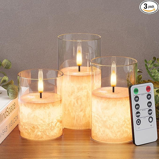 Ice Crystal Real Wax Glass Flameless Candles with Remote & Timer, Battery Operated Candles with Warm Flickering Flame, Realistic LED Candle for Wedding Home Decor [D3×H4/5"/6"] Clear, 3Pack