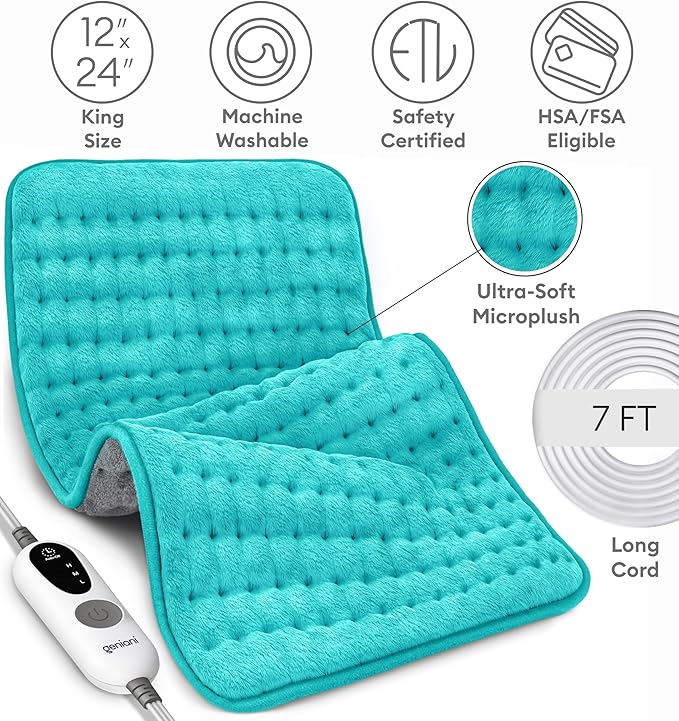 GENIANI Electric Throw - Double Sided XL Heating Pad Electric for Lower Back Pain & Period Cramps Relief, Heat Pad with 3 Heat Settings for Neck & Shoulders, Heat Patches (12"x24" Viridian Green)