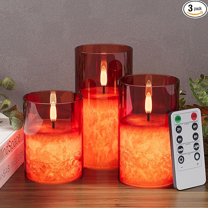 Ice Crystal Real Wax Glass Flameless Candles with Remote & Timer, Battery Operated Candles with Warm Flickering Flame, Realistic LED Candle for Wedding Home Decor [D3×H4/5"/6"] Red, 3Pack