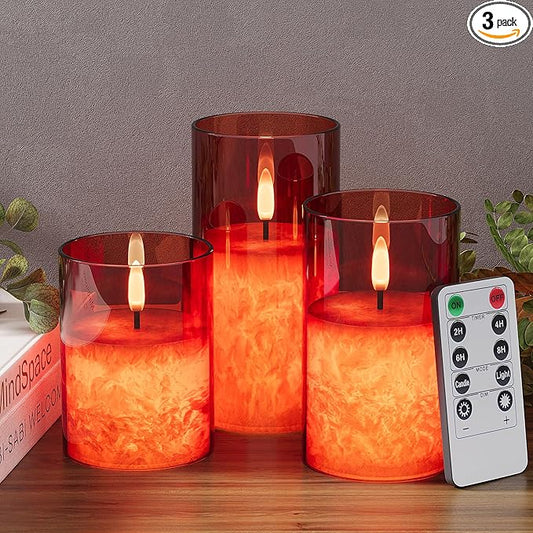 Ice Crystal Real Wax Glass Flameless Candles with Remote & Timer, Battery Operated Candles with Warm Flickering Flame, Realistic LED Candle for Wedding Home Decor [D3×H4/5"/6"] Red, 3Pack