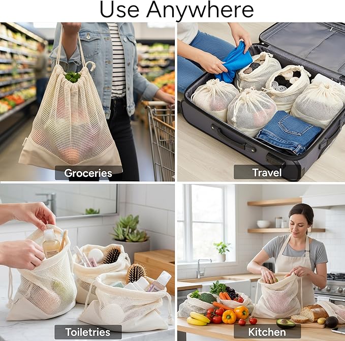 LEAFICO Reusable Produce Bags – 100% Cotton Mesh & Solid Hybrid (Small 8x10 inch 6 Pcs) – Cloth Grocery Bags for Garlic, Nuts, Onions, Bulk Snacks – Washable, Plastic-Free, Breathable, Zero Waste