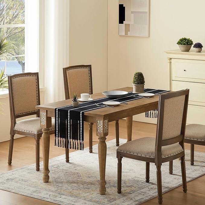 Hemstitched Farmhouse Table Runner, Black 13x72 Inch, Cotton Linen Table Runners 72 Inches Long, Embroidered Striped Orange Boho Table Runner Rustic Home Decor