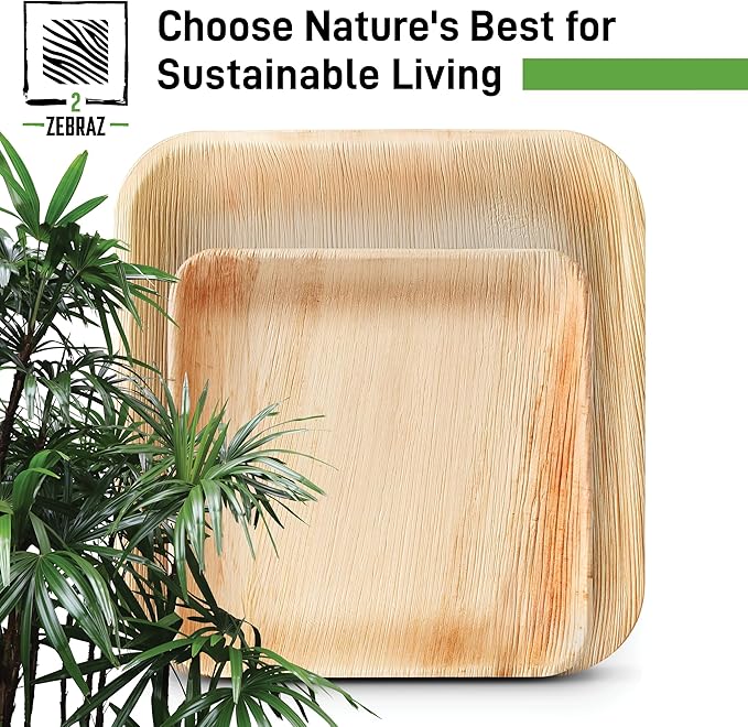 Premium Palm Leaf Disposable Plates – 50pc Square Set: 25pc 10” and 25pc 7”, Heavy-Duty, Microwave Safe, Natural Alternative to Plastic, Ideal for Parties, Weddings, Events, and Everyday Use