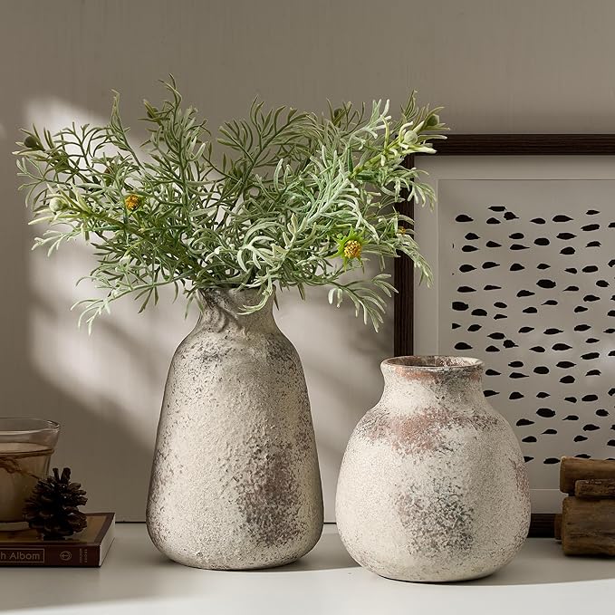 Ceramic Vase Set of 2 for Home Decor, Handcrafted Vintage Terracotta Vases, Rustic Farmhouse Decor, Minimalist Decorative Vase Set for Table Centerpiece Fireplace Nightstand Decoration - Brown