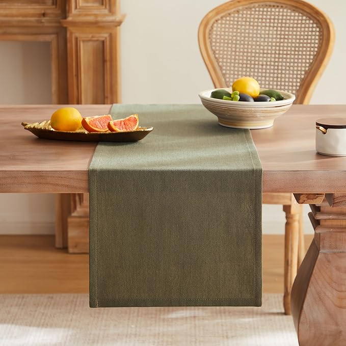 ZeeMart Rustic Cotton Linen Table Runner, 13x60 Inches Olive, Farmhouse Style Green Table Runners 60 Inches Long, Washable Kitchen Dining Table Decoration for Home Party Decor
