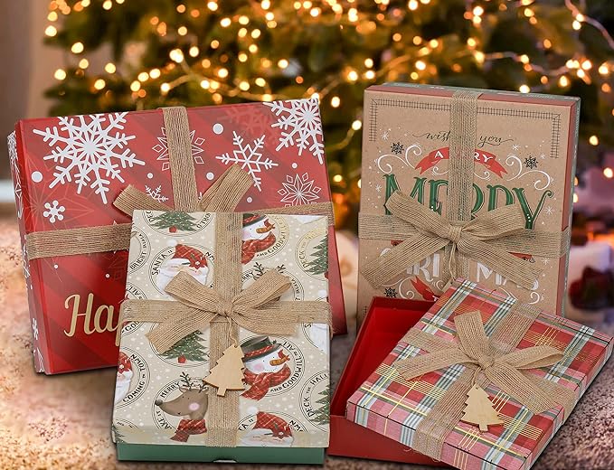 Christmas Gift Boxes with Lids for Presents Large Set of 4 Gift Boxes Bulk Red Brown in Assorted Designs with Bows Decor Wrapping Robe Boxes Xmas Gift Boxes for Christmas Birthdays Wedding Wrap Gifts