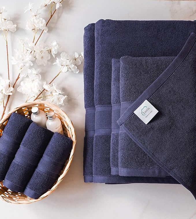 Luzia 8 Piece Bathroom Towel Set - 100% Turkish Cotton, Premium Quality - 2 Bath Towels 2 Hand Towels and 4 Washcloths (Navy Blue)