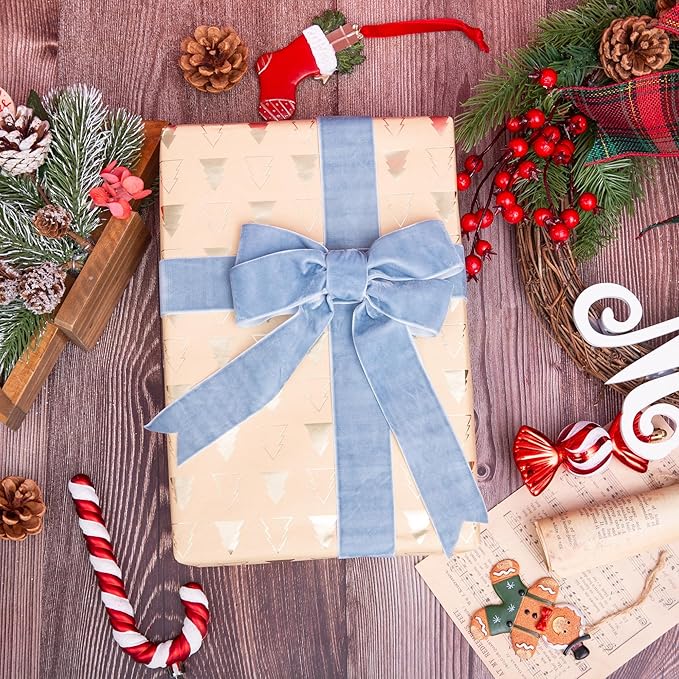 Vintage Dusty Blue Velvet Ribbon Christmas Ribbon for Gift Wrapping Crafts Christmas Tree Ornaments Garland Decorations, 1-1/2 Inch X 25Yd