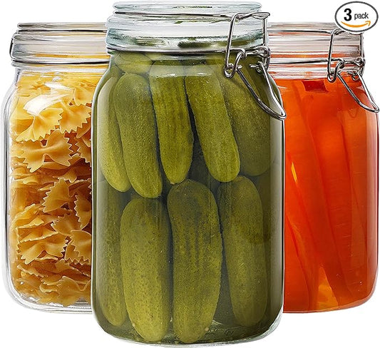 Square Glass Jars with Airtight Lid Set of 3, 50 floz Wide Mouth Mason Jars with Clamp Lids,Glass Sealed Jars with Air Tight Lids, Best for Kitchen & Pantry Food Storage