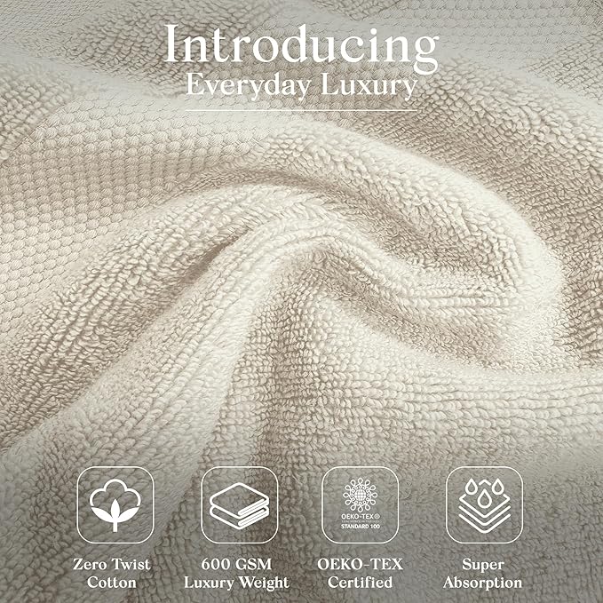 Premium Staple Cotton Bathroom Towel Set - Beige 600 GSM 6-Piece Luxury Bath Towel Set 3 Stripe - 2 Bath Towels, 2 Hand Towels & 2 Washclothes Set - High Absorbent & Quick Dry for Gym, Spa, Hotel